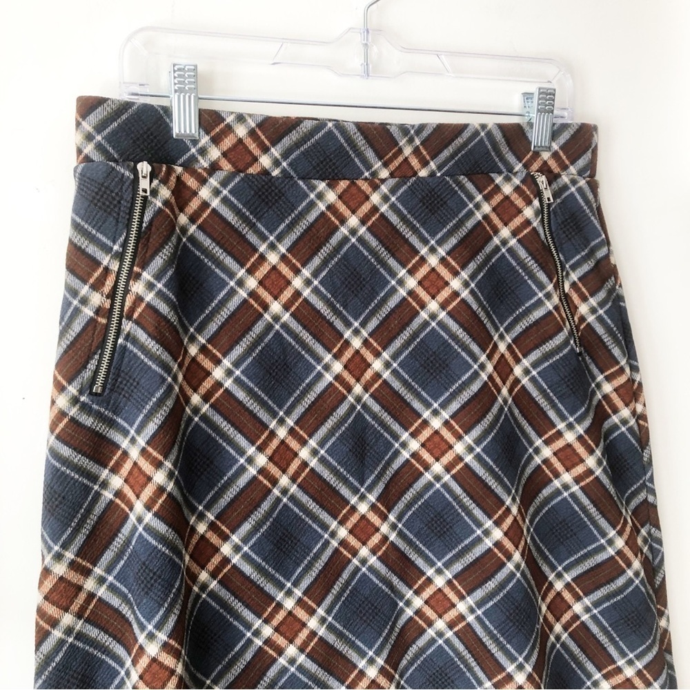 Le Lis Maura A-Line Plaid Skirt Slate Blue/ Brown Pull On Elastic Waist Size L - Picture 5 of 11